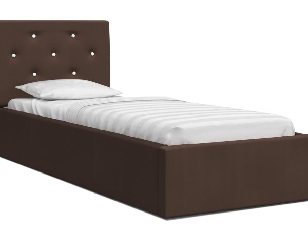 Brązowe łóżko jednoosobowe tapicerowane z wysokim zagłówkiem