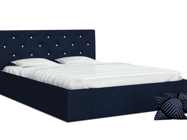 Granatowe łóżko tapicerowane z guzikami, styl elegancki