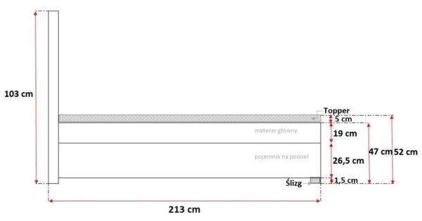 Techniczny przekrój łóżka z długością 213 cm i systemem ślizgowym