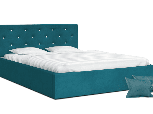 Turkusowe łóżko tapicerowane z ozdobnym zagłówkiem