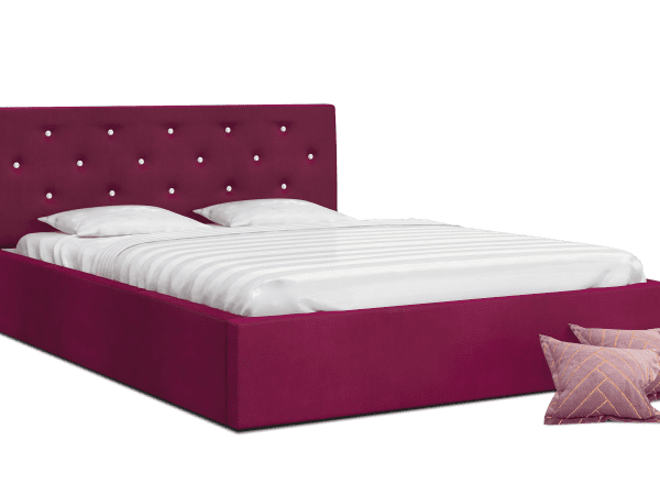 Fioletowe łóżko kontynentalne z pikowanym zagłówkiem, styl glamour