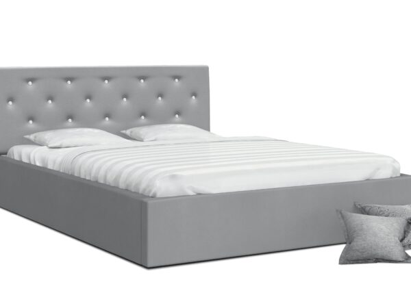 Jasnoszare łóżko tapicerowane z przeszyciami, styl nowoczesny