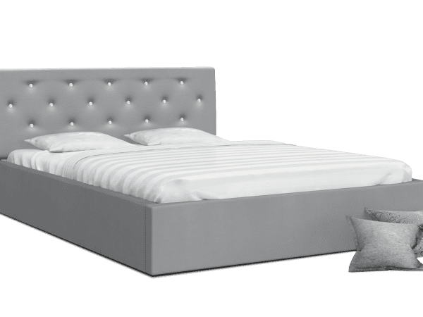 Jasnoszare łóżko tapicerowane z przeszyciami, styl nowoczesny
