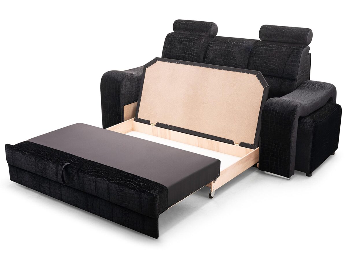 Czarna sofa z rozłożoną funkcją spania i schowkiem