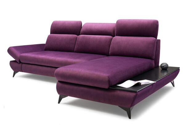 Sofa narożna fioletowa z podwyższonym siedziskiem i funkcją relaksu