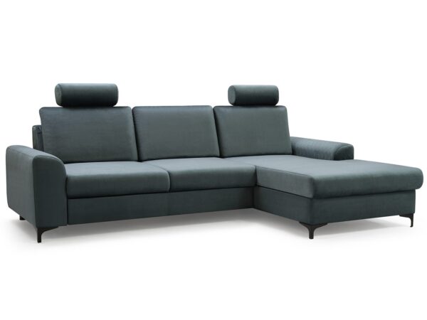 Duży narożnik w kolorze ciemnozielonym z funkcją spania i zagłówkami