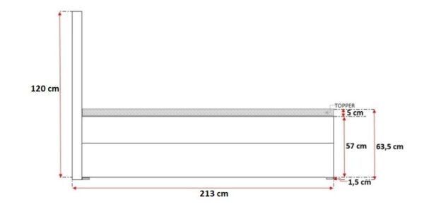 Schemat łóżka z długością 213 cm, uproszczony widok boczny
