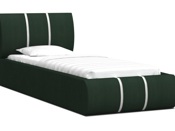 Zielone łóżko jednoosobowe tapicerowane z białą lamówką