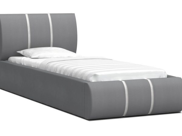 Szare łóżko jednoosobowe tapicerowane z zaokrąglonym zagłówkiem