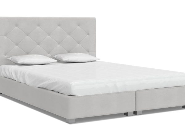 Jasnoszare łóżko tapicerowane z przeszyciami, styl nowoczesny