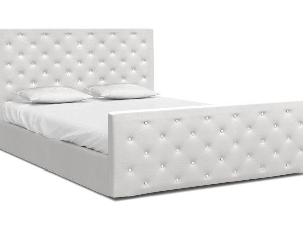 Łóżko glamour z pikowanym zagłówkiem i kryształkami białe