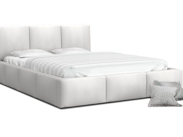 Białe łóżko z wysokim zagłówkiem, tapicerowane, styl minimalistyczny