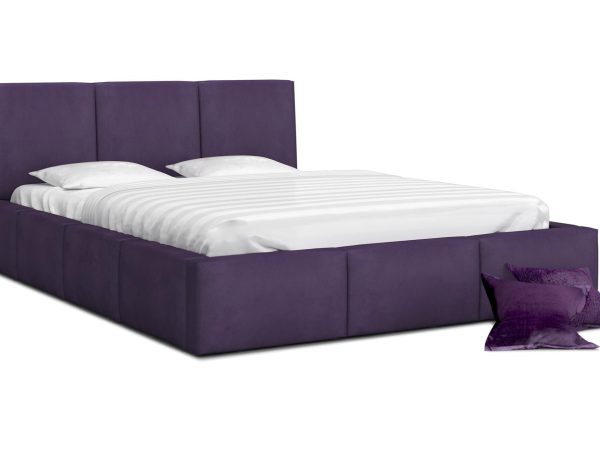 Fioletowe łóżko tapicerowane z pojemnikiem, styl elegancki