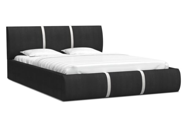 Czarne łóżko tapicerowane z białym paskiem, nowoczesny styl