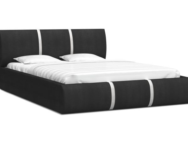 Czarne łóżko tapicerowane z białym paskiem, nowoczesny styl