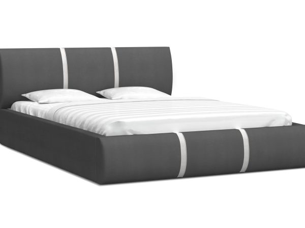 Ciemnoszare łóżko tapicerowane z białym dekorem, styl loftowy