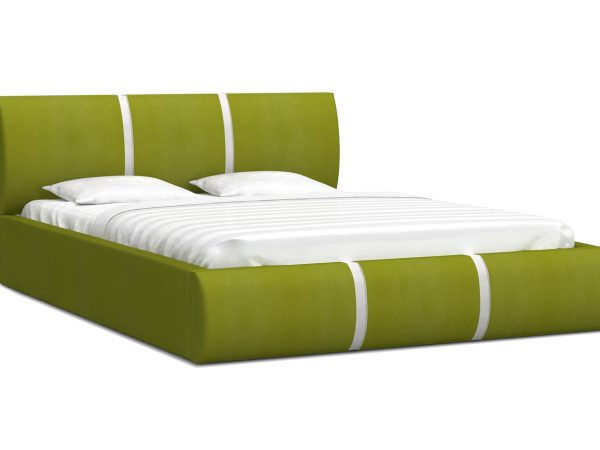 Żółto-zielone łóżko tapicerowane z kontrastowymi lamówkami