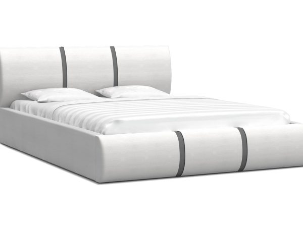 Białe łóżko tapicerowane z zaokrąglonym zagłówkiem i przeszyciami