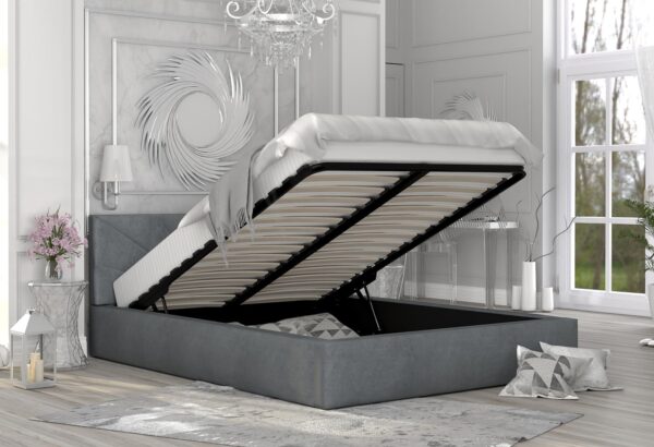 Szare łóżko z pojemnikiem, otwarty stelaż w nowoczesnym wnętrzu Szare łóżko z pojemnikiem, otwarty stelaż w nowoczesnym wnętrzu