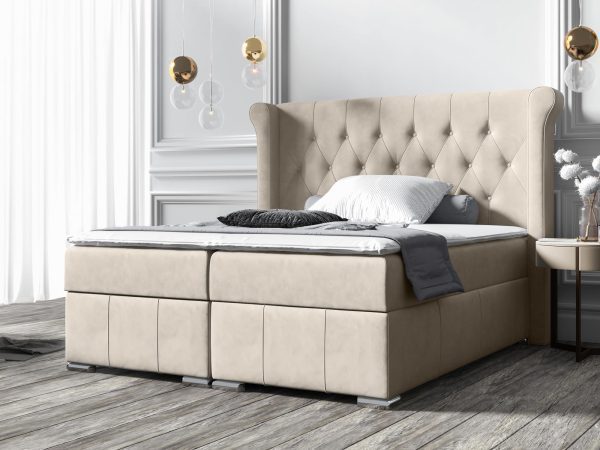 Kremowe łóżko z wysokim pikowaniem i eleganckim wyglądem