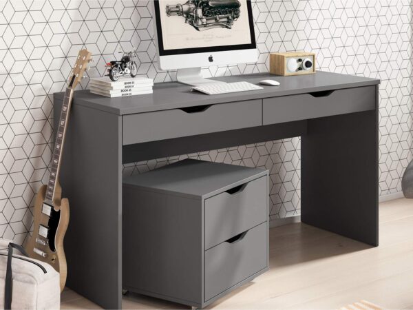 Czarne biurko z wysuwaną półką i szafką – nowoczesny design