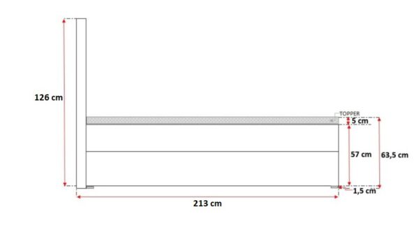 Łóżko z pełną długością 213 cm, schemat boczny
