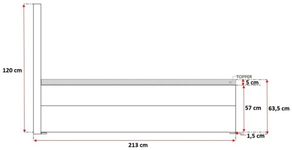 Łóżko z zaznaczoną wysokością korpusu i materaca 213 cm