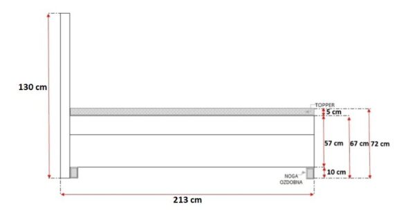Techniczny szkic łóżka z wysokością całkowitą 213 cm