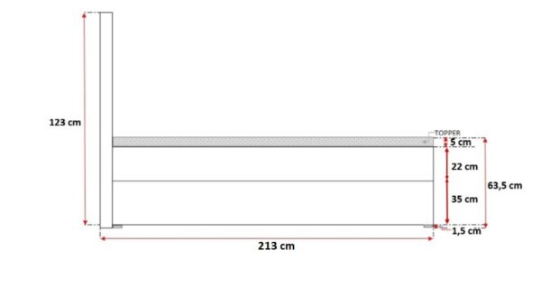 Schemat łóżka kontynentalnego z zaznaczoną wysokością materaca