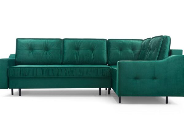 Zielony narożnik z przeszyciami na oparciu i miękkimi poduszkami