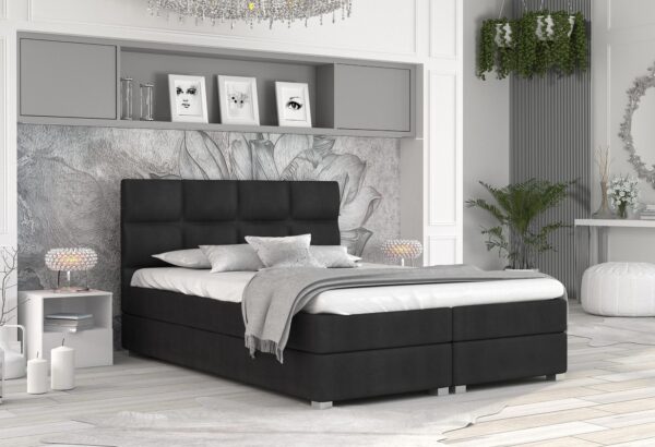 Czarne łóżko z prostym wezgłowiem, styl minimalistyczny