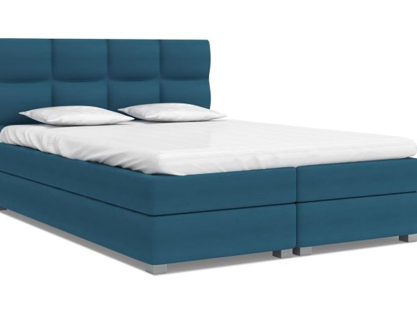 Niebieskie łóżko tapicerowane z wezgłowiem box, styl skandynawski