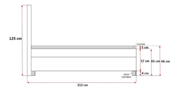 Rysunek boczny łóżka z systemem otwierania, długość 212 cm