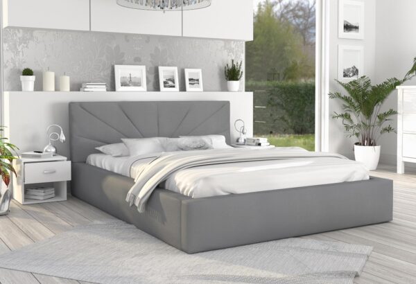 Łóżko tapicerowane w kolorze szarym z ozdobnym oparciem Łóżko tapicerowane w kolorze szarym z ozdobnym oparciem