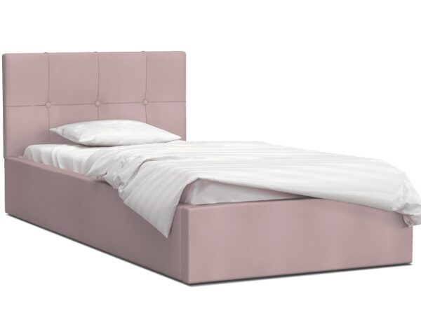 Różowe łóżko z prostym pikowaniem na zagłówku i białą pościelą