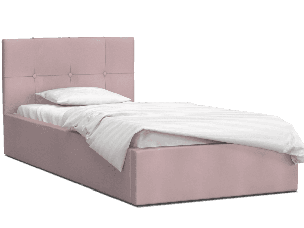 Różowe łóżko z prostym pikowaniem na zagłówku i białą pościelą