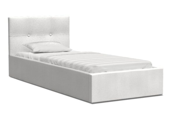 Białe łóżko z wysokim pikowanym zagłówkiem i minimalistycznym stelażem