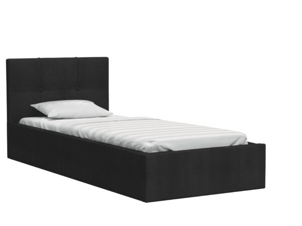 Czarne łóżko z prostym wezgłowiem i białym materacem
