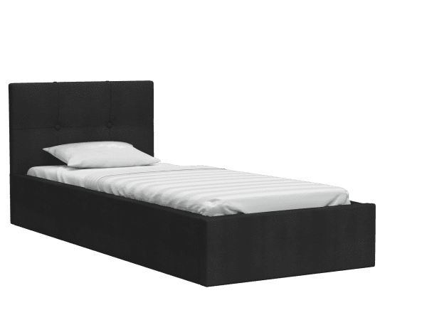 Czarne łóżko z prostym wezgłowiem i białym materacem