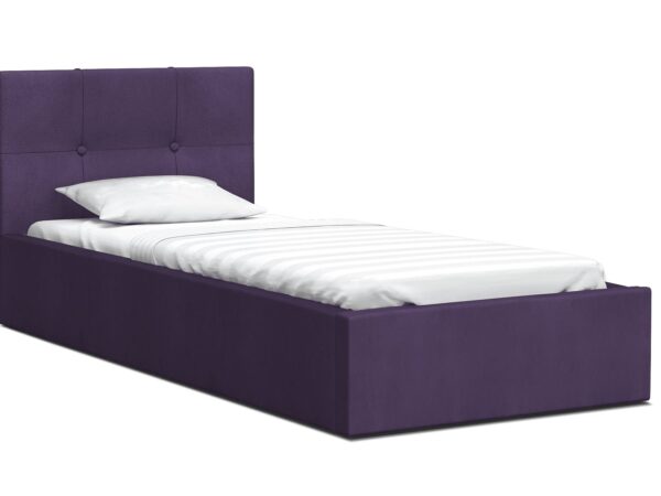 Fioletowe łóżko jednoosobowe z niskim zagłówkiem i pojemnikiem