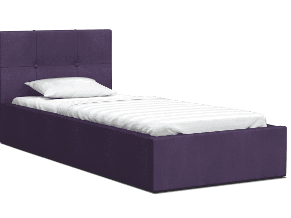 Fioletowe łóżko jednoosobowe z niskim zagłówkiem i pojemnikiem