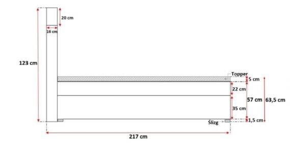 Techniczny rysunek łóżka kontynentalnego z tapicerowanym zagłówkiem