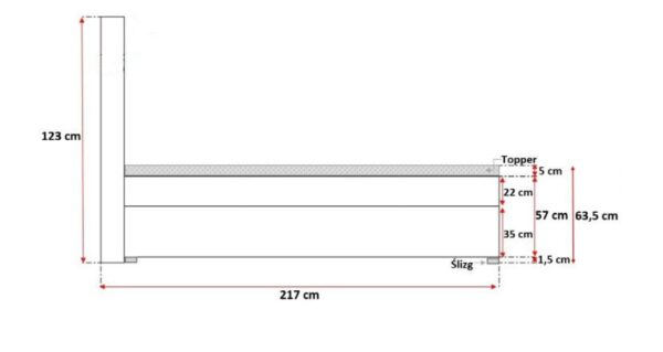 Techniczny rysunek łóżka z prostym profilem bocznym