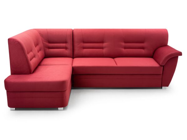 Duży narożnik czerwony z profilowanymi oparciami i prostymi liniami