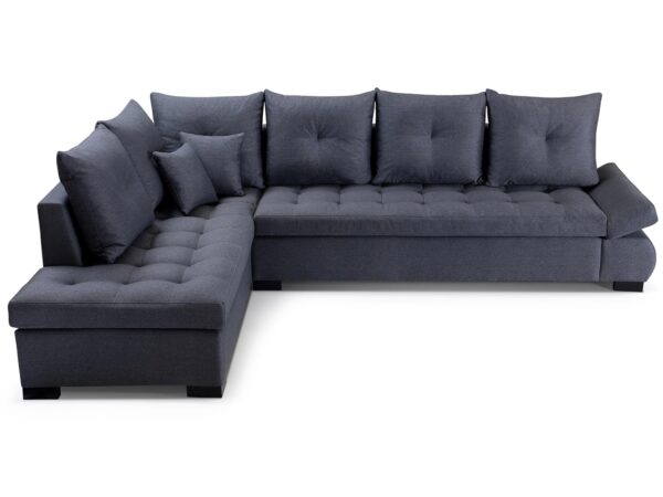 Duży narożnik modułowy z ciemnymi poduchami i prostą formą
