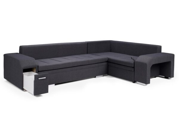 Ciemnoszary narożnik z otwartą szufladą i prostym designem