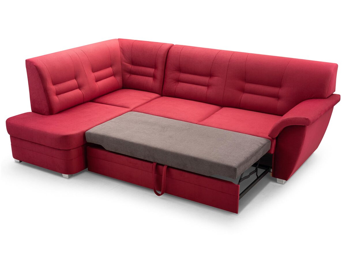 Czerwony narożnik z funkcją spania i wysuwanym segmentem