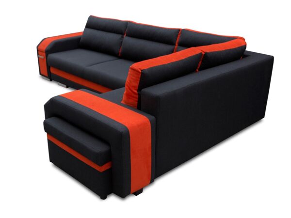 Czarno-czerwony narożnik z widocznym bokiem i szufladą