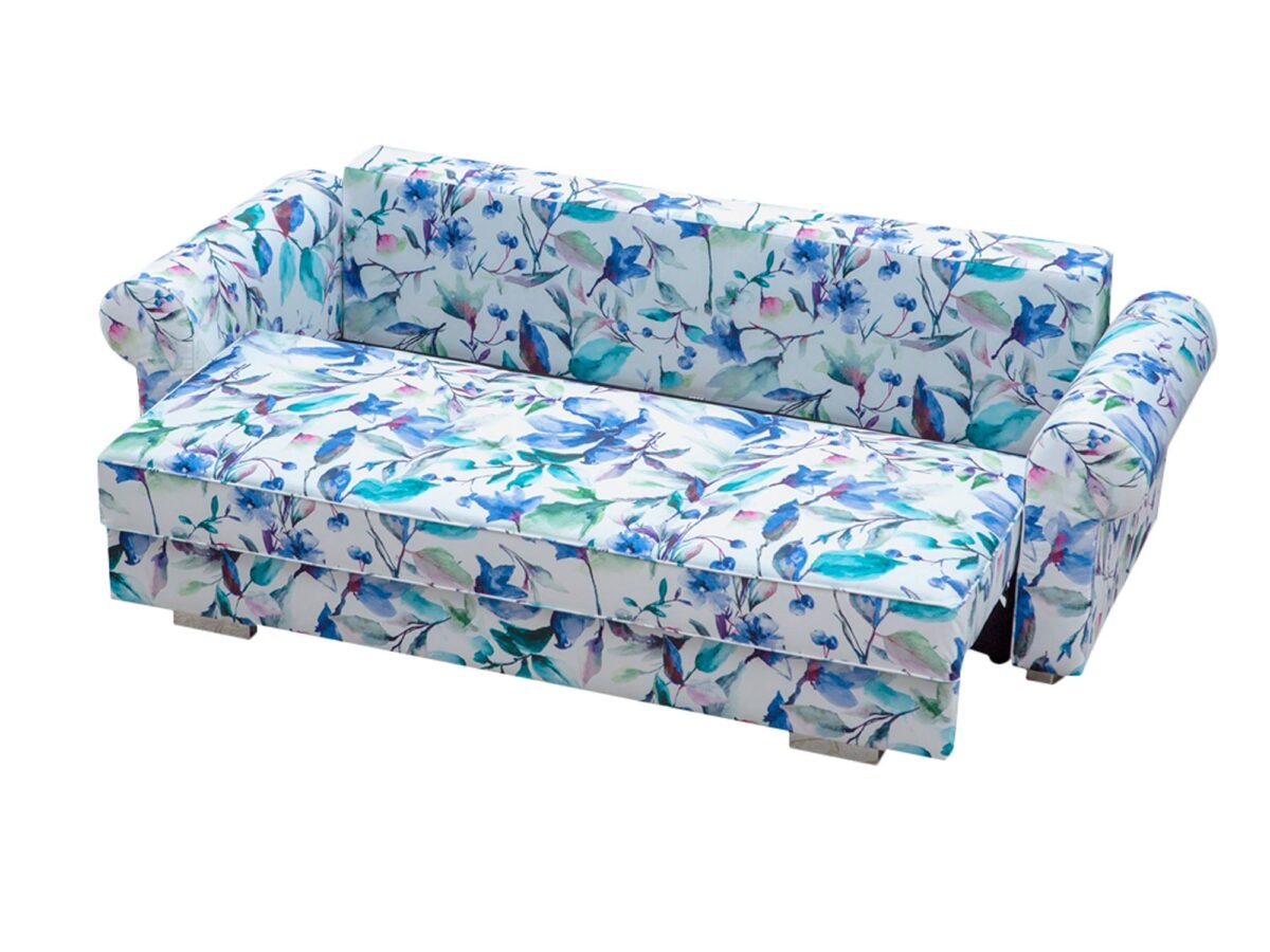Kwiatowa sofa z wysokimi podłokietnikami, funkcja spania