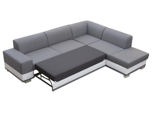 Szaro-biały narożnik z funkcją spania i ozdobnym siedziskiem